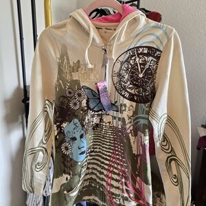 Christian Audigier Crystal Rock Cream Hoodie Embellished NWT Medium